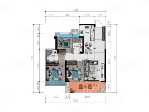 3室2厅2卫1厨， 建面100.00平米