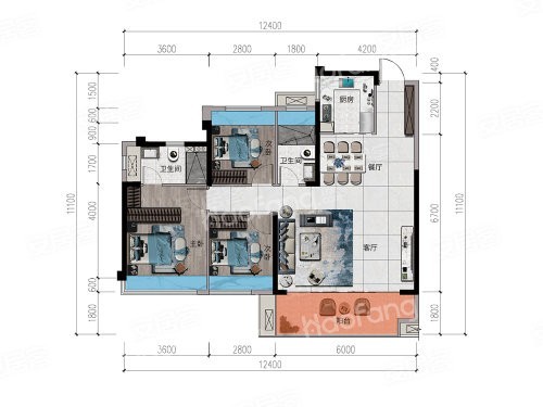 3室2厅2卫1厨， 建面120.00平米