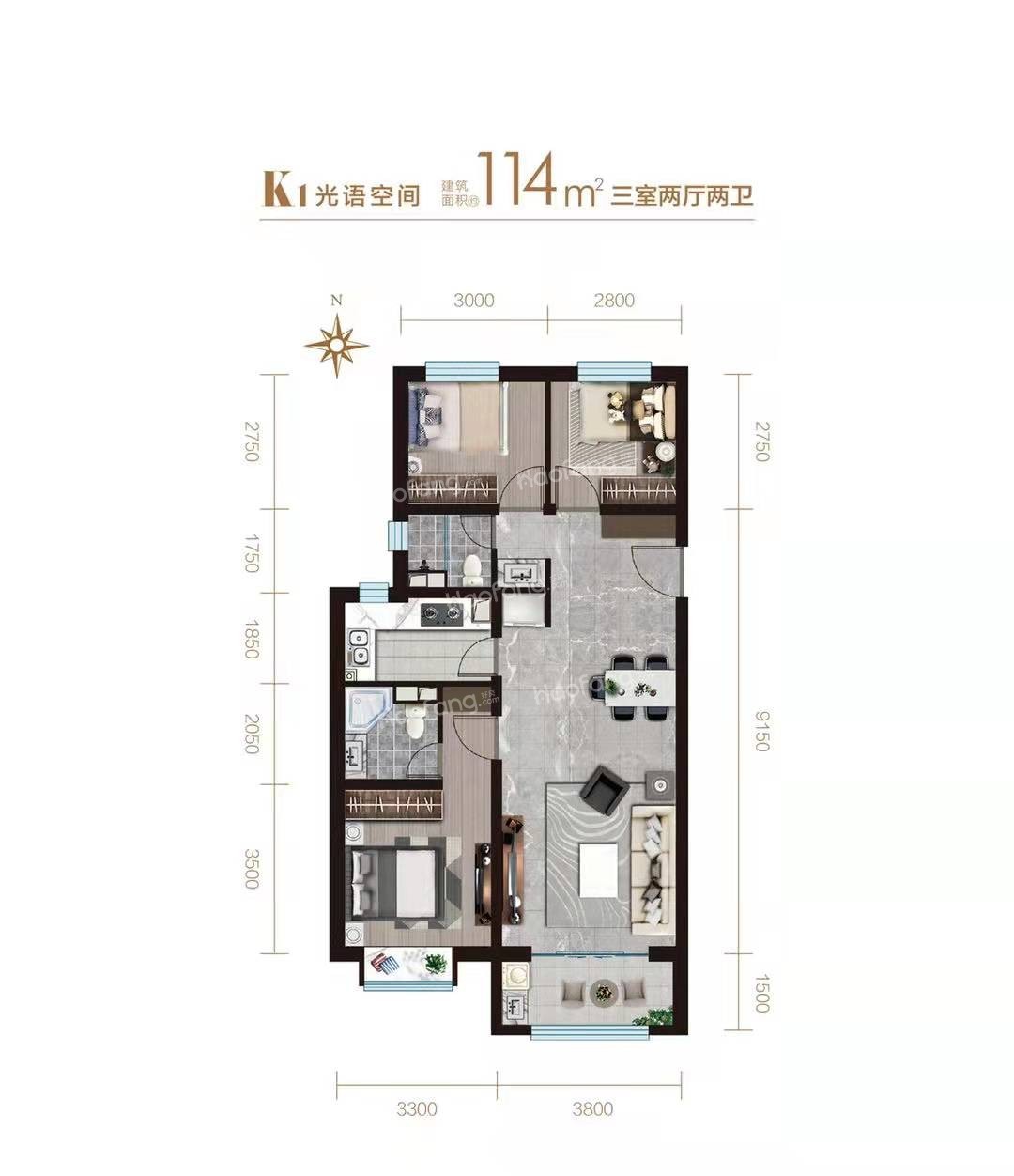 K1户型114㎡三室两厅两卫