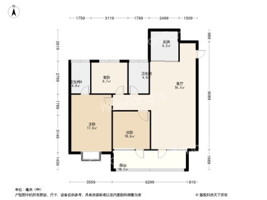 青岛印象·川3居室户型图