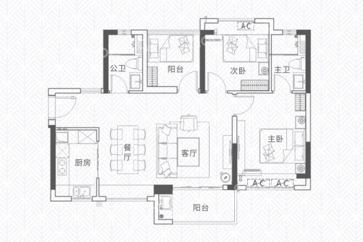 敏捷东樾府建面约85平两房户型 2室2厅2卫1厨